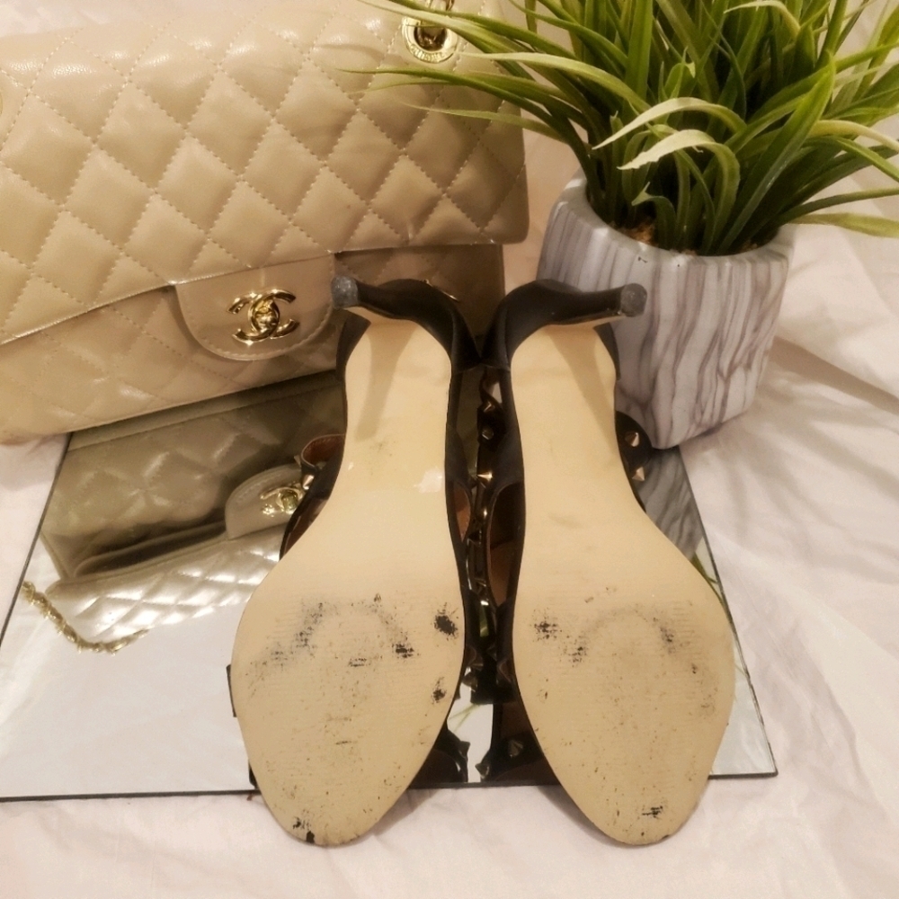 Le Château Spikey Studded Black And Gold Heels w/ Ankle Straps, & Zipper Closure - Picture 5 of 7